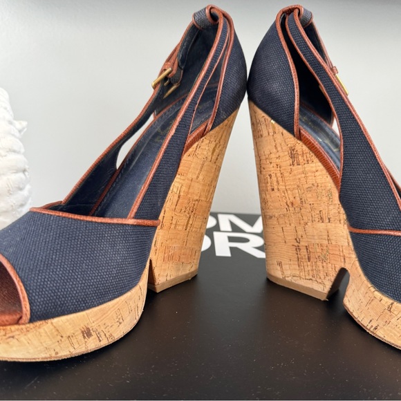 YSL Deauville Blue Canvas Brown Leather Platform Wedge Cork Heels 8 - Picture 2 of 6